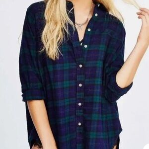 Plaid Button-Up Shirt - Green and Blue